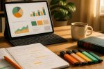 Tablette et cahier papier sur un bureau d’enseignant du primaire montrant la complémentarité numérique et papier
