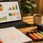 Tablette et cahier papier sur un bureau d’enseignant du primaire montrant la complémentarité numérique et papier