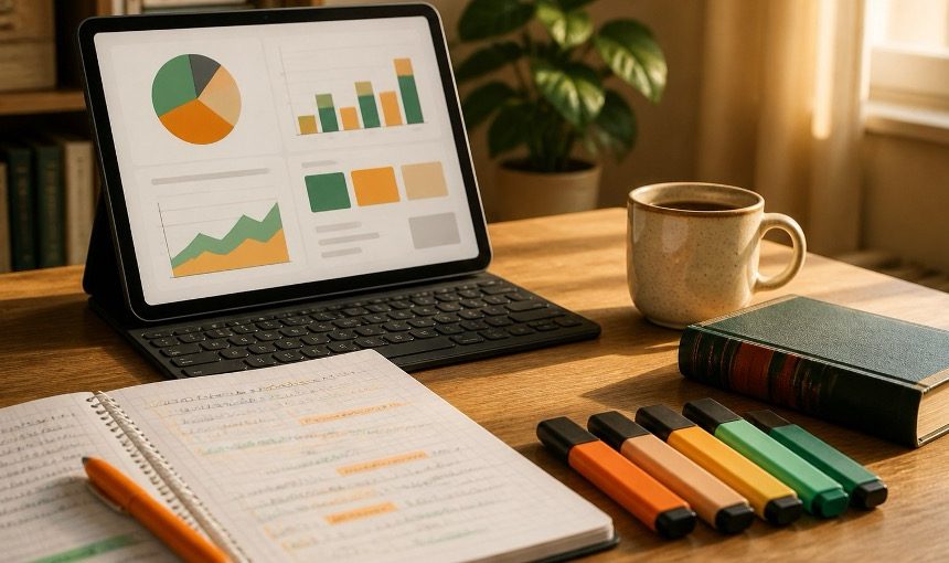 Tablette et cahier papier sur un bureau d’enseignant du primaire montrant la complémentarité numérique et papier