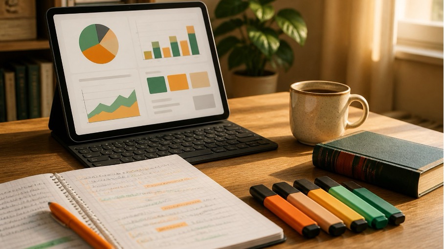 Tablette et cahier papier sur un bureau d’enseignant du primaire montrant la complémentarité numérique et papier